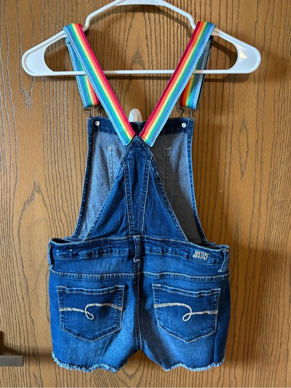 Justice Denim Short Overalls with Rainbow Straps - Blue Jean Shortalls 14